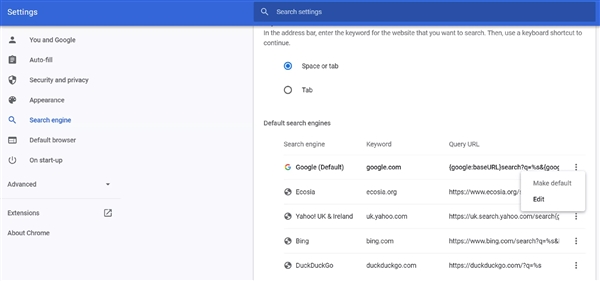 所有Chrome内核浏览器：删除默认搜索引擎的功能都不复存在了